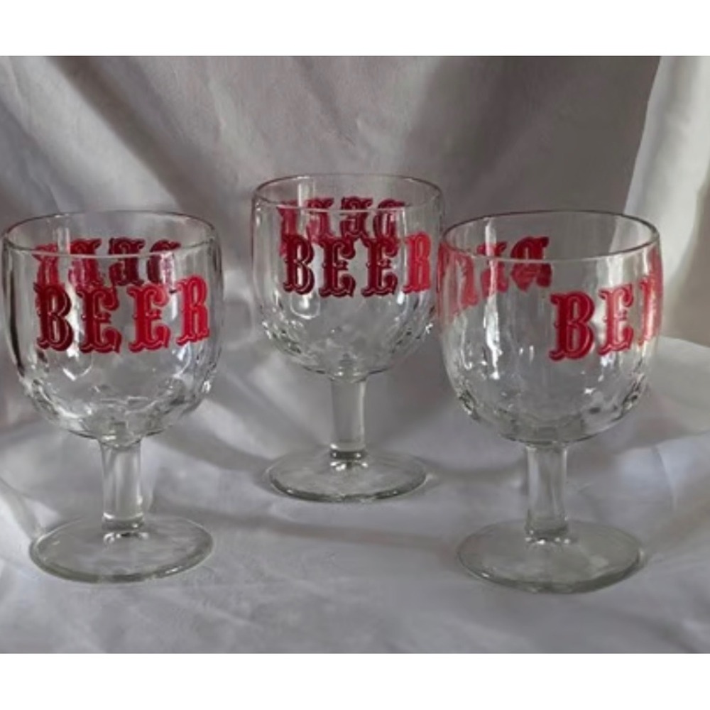 Vintage Set of 3 Oversized Beer Schooner Glasses Red Graphic Thumbprint Chalice